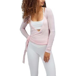 Ballet Tie Wrap Top for Women Long Sleeve Cover Up Yoga Pilates Workout Warp Shirts