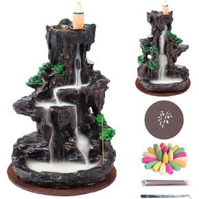 Incense Burner, Backflow Incense Holder 2 Sides Waterfall Incense Cone Holder with 120 Backflow Incense Cones, 30 Incense Sticks, Aromatcherapy Ornament for Home Office