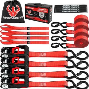 Motorcycle Tie Down Strap, Ratchet Tie Down Straps, 2100IBS Break Strength, 4 Pack 15ft x 1in Ratchet Straps Set with Safety S Hook for Motorcycle, ATV, Kayak, Cargo Securing, Red