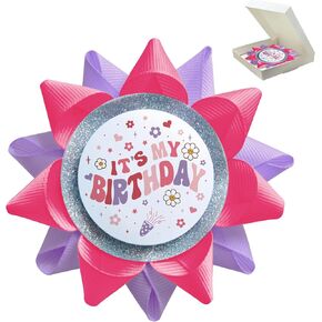 Handmade It's My Birthday Button, Happy Birthday Button Pins for Girls and Women, Hot Pink and Purple Grosgrain Ribbon Pins for Birthday Party Decorations Supplies Gifts Ideas (3.75 * 3.75inches)