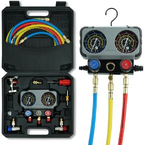 مقياس R1234YF AC ، مقياس 3 طرق AC مجموعة متعددة المقاييس لمبرد R1234YF ، مقاييس التبريد مع خراطيم 5 أقدام ， R410A محول ، ثقب يمكن النقر ، الأرقام المضادة للعبادة توفر قراءة أكثر دقة
