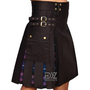 Men Plus Size Hybrid Black mulit Cotton & Tartan Utility Kilts with Cotton Straps Kilts for Mens
