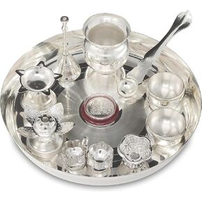مجموعة Pooja Thali مطلية بالفضة 8 بوصة مع لوحة Kalash Bowl Agarbatti Stand Palli Diya Kumkum Coin Puja Thali for Diwali Home Mandir Office Office Getting Hight