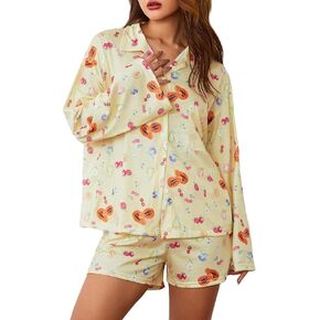 Women 2 Piece Floral Pajama Set Button Down Long Sleeve Wide Leg Fruit Set Cute Pjs Y2K Loungewear Sleepwear S-XL