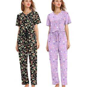 2 Pack: Women's Pajama Set Soft Short Sleeve Top With Long Pants Loungewear Sleepwear Pajamas