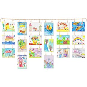 Art Display for Kids Artwork, Wooden Beads Garland Holder with 36 Clips for Kids Artwork Display, Photo, Boho Wall Art, Kids Room Decor
