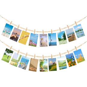 2PCS Hanging Photo Display with Clips, Boho Wooden Bead Photo Banner Garland Collage Picture Frame for Boho Bedroom Wall Cubicle Office College Room Decor Kids Art Display Bedroom first birthday photo banner Decor (18 Clips)