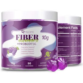 10G Fiber Gummies for Adults, No Sugar Added Grape Flavor, Fiber Supplement with 30 Billion CFU Probiotics Blend, ACV, Vitamin C, Inulin, Support Digestive Health, 90 Count