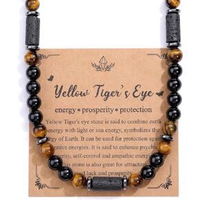Top Plaza Men's Tiger Eye Lava Stones Healing Crystal Necklace Handmade Gemstone Beaded Necklace for Men Stress Relief Balance Protection Jewelry Gifts