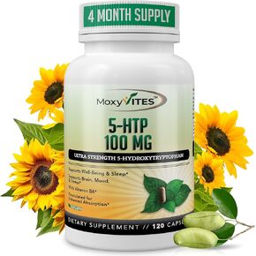 5HTP 100mg Supplement, Plus B6, 5 HTP Organic Whole Food - Best Serotonin Booster - Non-GMO, 120 Vegan Capsules