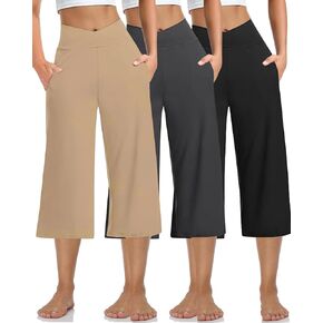 3 PACK Womens Wide Leg Yoga Capris Crossover High Waist Casual Capri Pants Loose Soft Pajama Pockets Sweatpants