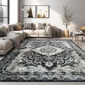 Area Rugs 5x7 Washable Soft Living Room Rug, Vintage Boho Non-Slip/Non-Shedding Print Floor Carpet for Dining Room, Bedroom-Green