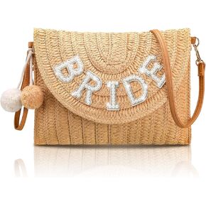 Pinkunn Bride Gift Straw Shoulder Bag Clutch Rhinestone Letter Purse Beach Bachelorette Honeymoon Wedding Bridal Shower