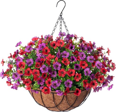 Artificial Silk Flowers Hanging Basket for Outdoor Indoor, Daisy with Eucalyptus Leaves Arrangement for Garden Yard Spring Summer Decor, Faux Green Plant in Metal Coconut Lining Pot(Red Purple) in Saudi Arabia