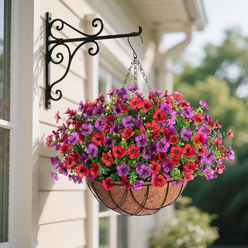Artificial Silk Flowers Hanging Basket for Outdoor Indoor, Daisy with Eucalyptus Leaves Arrangement for Garden Yard Spring Summer Decor, Faux Green Plant in Metal Coconut Lining Pot(Red Purple) in Saudi Arabia