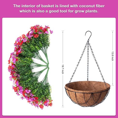 Artificial Silk Flowers Hanging Basket for Outdoor Indoor, Daisy with Eucalyptus Leaves Arrangement for Garden Yard Spring Summer Decor, Faux Green Plant in Metal Coconut Lining Pot(Red Purple) in Saudi Arabia