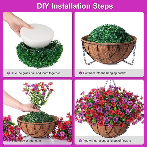 Artificial Silk Flowers Hanging Basket for Outdoor Indoor, Daisy with Eucalyptus Leaves Arrangement for Garden Yard Spring Summer Decor, Faux Green Plant in Metal Coconut Lining Pot(Red Purple) in Saudi Arabia