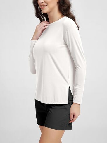 ODODOS Women's Peach-Soft Boat Neck Long Sleeve Shirt, Side Slit, Relaxed Fit Casual Top for Yoga & Lounge in Kuwait