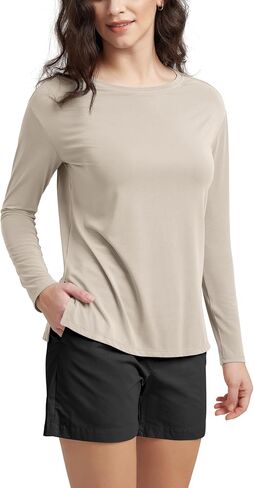 ODODOS Women's Peach-Soft Boat Neck Long Sleeve Shirt, Side Slit, Relaxed Fit Casual Top for Yoga & Lounge in Kuwait