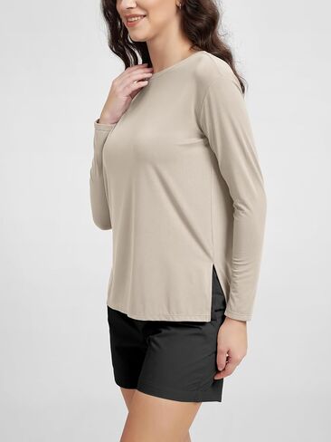 ODODOS Women's Peach-Soft Boat Neck Long Sleeve Shirt, Side Slit, Relaxed Fit Casual Top for Yoga & Lounge in Kuwait