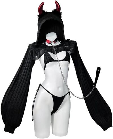 Koruraclub Knitting Coziest Devil Costume （مجموعة من 7 قطع） Gray Premium Sweater Cosplay Lingerie للنساء Cosplay Costume in Saudi Arabia