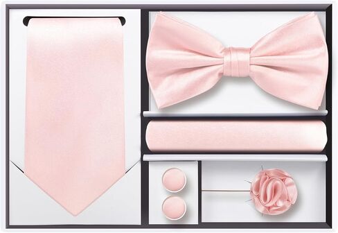 TIE G 5pcs Tie Set in Gift BOX WHITE OR BLACK: Solid Color Necktie, Satin Bow Tie, Pocket Square, Lapel, Cuff Links in Saudi Arabia
