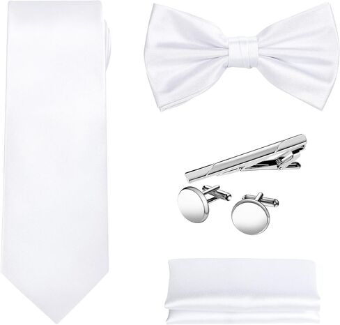 TIE G 5pcs Tie Set in Gift BOX WHITE OR BLACK: Solid Color Necktie, Satin Bow Tie, Pocket Square, Lapel, Cuff Links in Saudi Arabia