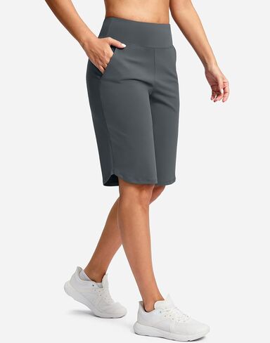 SANTINY 12" Long Bermuda Shorts for Women Knee Length with Pockets High Waisted Stretch Shorts for Summer Walking in Saudi Arabia