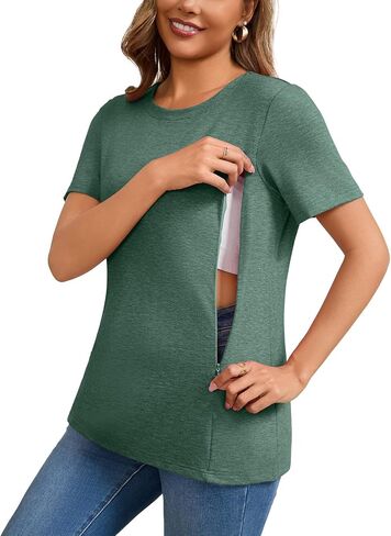 GINKANA Women's Nursing Shirts Short Sleeve Breastfeeding Tshirt with Hidden Zippers Loose Fit Nursing Tops in Kuwait
