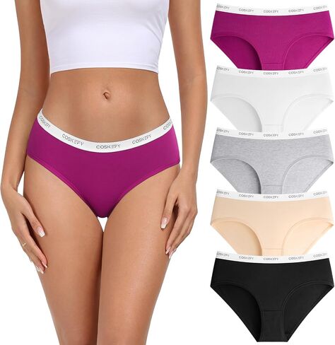 coskefy Women's Underwear Cotton Breathable Hipster Panties Soft Low Rise Bikini Ladies Workout Briefs 5 Pack in Kuwait
