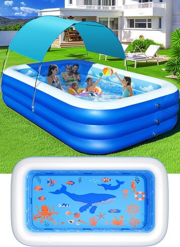 Inflatable Pool with Canopy,Upgraded Inflatable Swimming Pool for Kids,Adult,Large Inflatable Blow up Pools,Ocean Theme Oversized Thickened 105"x75"x25"Inflatable Family Pools for Backyard in Saudi Arabia