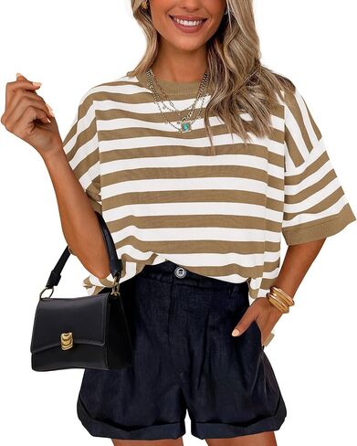 Prettygarden Womens Spring Summer Tops Fashion مخططة قصيرة الأكمام سترة الطاقم الرقبة خفيفة الوزن متماسكة الحجم 2025 in Kuwait