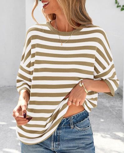 Prettygarden Womens Spring Summer Tops Fashion مخططة قصيرة الأكمام سترة الطاقم الرقبة خفيفة الوزن متماسكة الحجم 2025 in Kuwait