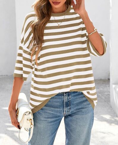 Prettygarden Womens Spring Summer Tops Fashion مخططة قصيرة الأكمام سترة الطاقم الرقبة خفيفة الوزن متماسكة الحجم 2025 in Kuwait