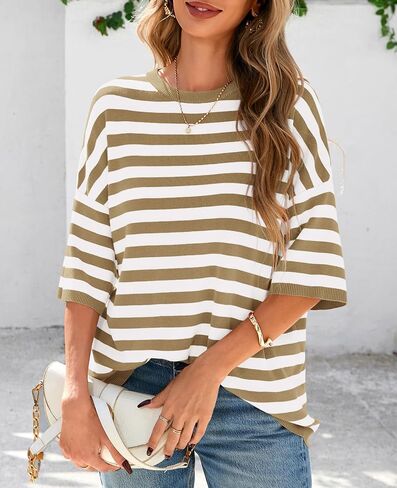 Prettygarden Womens Spring Summer Tops Fashion مخططة قصيرة الأكمام سترة الطاقم الرقبة خفيفة الوزن متماسكة الحجم 2025 in Kuwait
