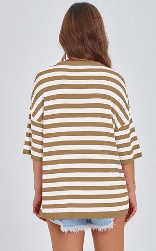 Prettygarden Womens Spring Summer Tops Fashion مخططة قصيرة الأكمام سترة الطاقم الرقبة خفيفة الوزن متماسكة الحجم 2025 in Kuwait