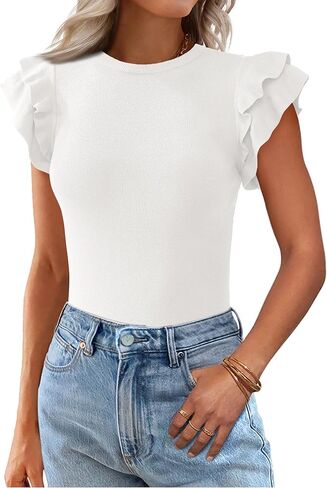 Kirundo Spring Tops for Women Flutter Short Sleeve Sweater Sweater Crewneck Crewnick Tnist Pullover Derts 2025 Fashion Summer Clothing in Kuwait