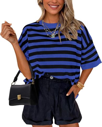 PRETTYGARDEN Womens Spring Summer Tops Fashion Striped Short Sleeve Sweater Crew Neck Lightweight Knit Oversized Shirts 2025 in Kuwait