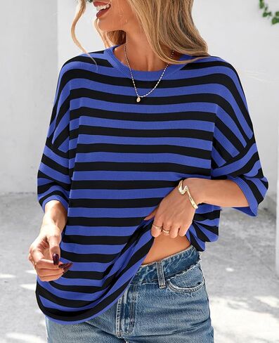 PRETTYGARDEN Womens Spring Summer Tops Fashion Striped Short Sleeve Sweater Crew Neck Lightweight Knit Oversized Shirts 2025 in Kuwait