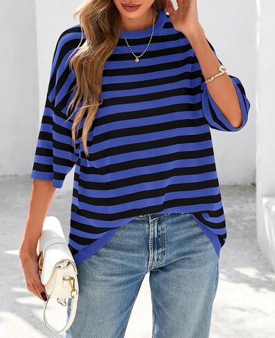 PRETTYGARDEN Womens Spring Summer Tops Fashion Striped Short Sleeve Sweater Crew Neck Lightweight Knit Oversized Shirts 2025 in Kuwait