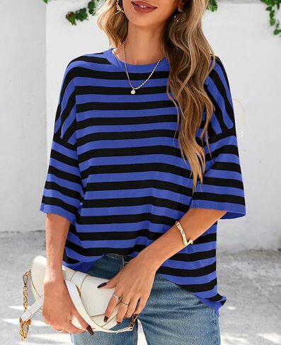 PRETTYGARDEN Womens Spring Summer Tops Fashion Striped Short Sleeve Sweater Crew Neck Lightweight Knit Oversized Shirts 2025 in Kuwait