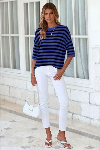 PRETTYGARDEN Womens Spring Summer Tops Fashion Striped Short Sleeve Sweater Crew Neck Lightweight Knit Oversized Shirts 2025 in Kuwait