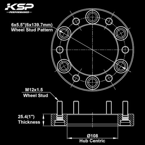 6X5.5 Wheel Spacers, KSP Forged 1"(25mm) 6x139.7mm to 6x139.7mm Thread Pitch M12x1.5 Hub Bore 108mm Adapters for Tacoma 4Runner Tundra FJ Land Cruiser Black, Not Hubcentric in Saudi Arabia