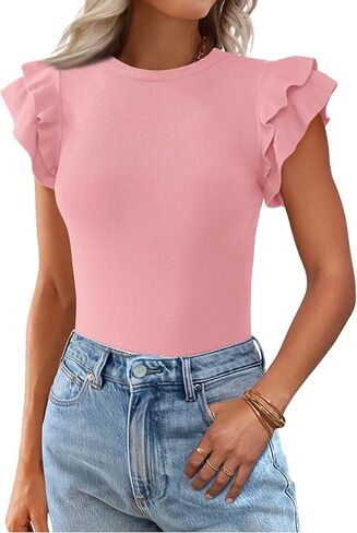Kirundo Spring Tops for Women Flutter Short Sleeve Sweater Sweater Crewneck Crewnick Tnist Pullover Derts 2025 Fashion Summer Clothing in Kuwait