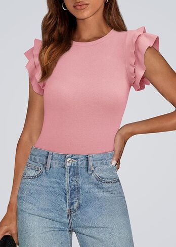 Kirundo Spring Tops for Women Flutter Short Sleeve Sweater Sweater Crewneck Crewnick Tnist Pullover Derts 2025 Fashion Summer Clothing in Kuwait