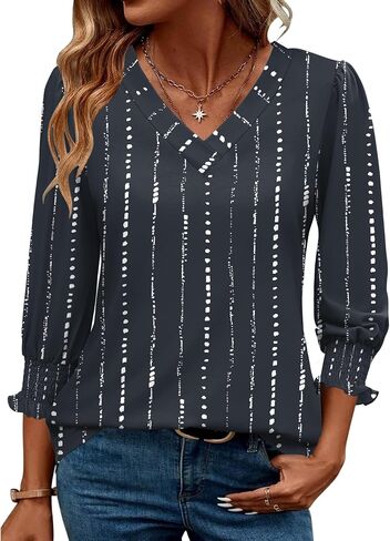Rapbin 3/4 طول الأكمام توبس نساء الصيف العصرية نفخة بنفرة V-neck بلوزات أنيقة قميص مزخرف مزخرف in Kuwait