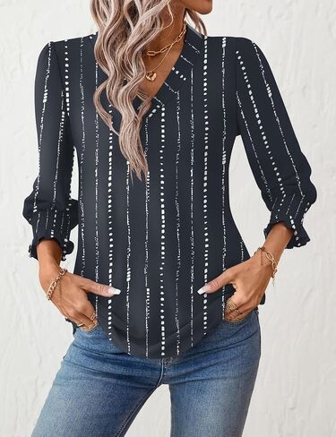 Rapbin 3/4 طول الأكمام توبس نساء الصيف العصرية نفخة بنفرة V-neck بلوزات أنيقة قميص مزخرف مزخرف in Kuwait