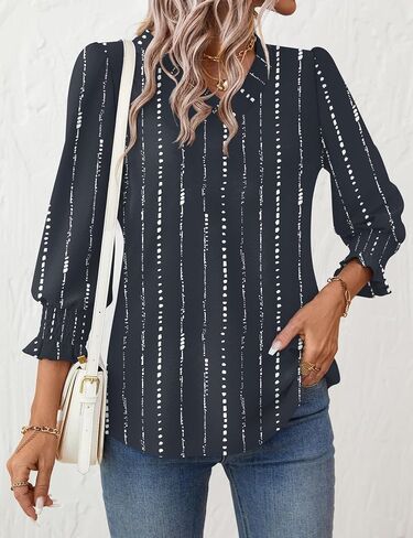 Rapbin 3/4 طول الأكمام توبس نساء الصيف العصرية نفخة بنفرة V-neck بلوزات أنيقة قميص مزخرف مزخرف in Kuwait