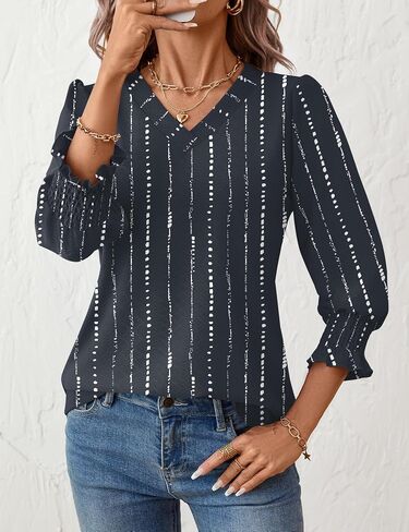 Rapbin 3/4 طول الأكمام توبس نساء الصيف العصرية نفخة بنفرة V-neck بلوزات أنيقة قميص مزخرف مزخرف in Kuwait