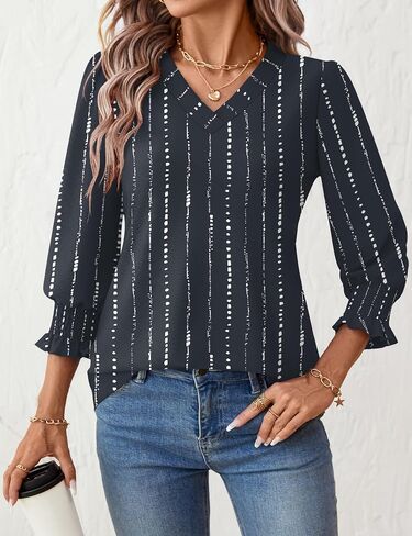 Rapbin 3/4 طول الأكمام توبس نساء الصيف العصرية نفخة بنفرة V-neck بلوزات أنيقة قميص مزخرف مزخرف in Kuwait